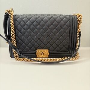 CHANEL Black Caviar Boy Bag with Aged Gold Chain and microchip